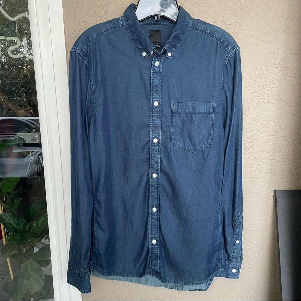 H&M Dark Denim Lyocell Slim Fit Button Front Shirt